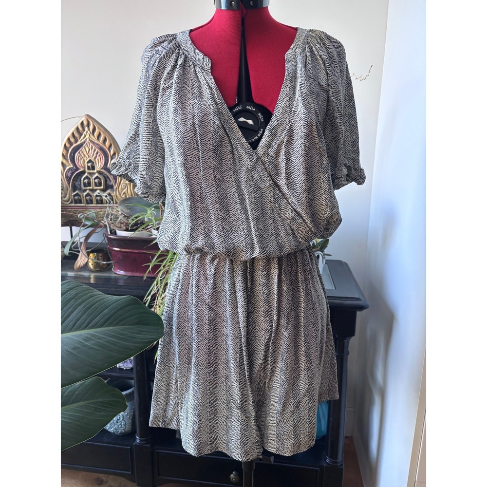 JOIE silk mini dress women size M black white herringbone surplice v-neck J257